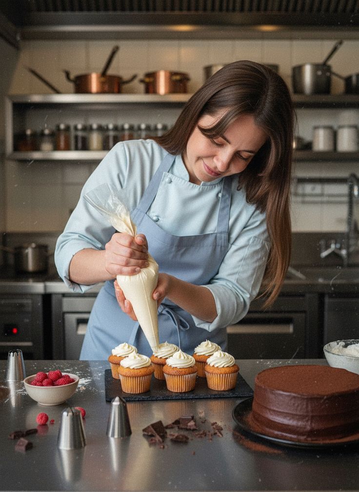 A pastry student finishing cupcakes in the OUZO bakery lab