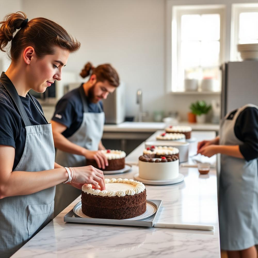 Students plating dishes in the training kitchen